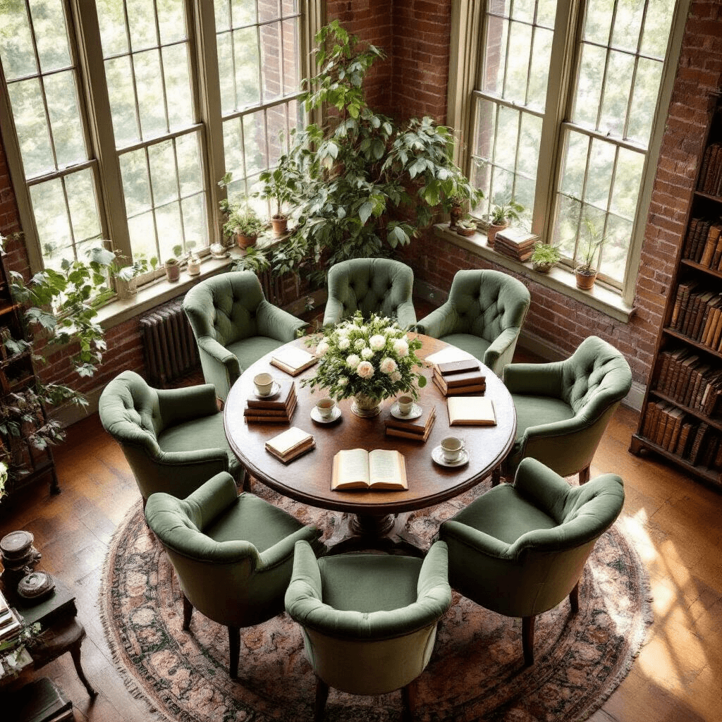 Wide-angle overhead shot of a cozy book club gathering in a sunlit living room, featuring a round vintage table with antique books and floral centerpiece, surrounded by sage green and cream velvet armchairs, and decorative book page garlands on exposed brick walls.