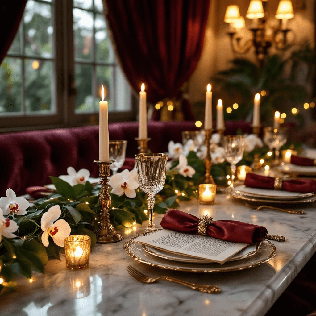 Elegant dining nook illuminated by candlelight, featuring a marble-topped table adorned with gold-rimmed bone china, crystal wine glasses, and silk napkins in terracotta and gold. Tasseled garlands of book pages drape across the table, enhanced by ambient lighting from pillar candles, string lights, and a vintage chandelier. Rich burgundy curtains frame the scene, complemented by fresh white orchids and trailing greenery, creating a sophisticated and intimate atmosphere.