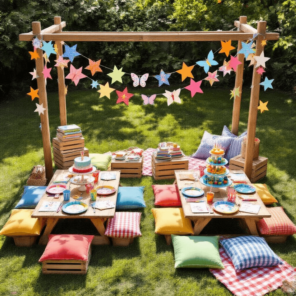 Festive children's birthday party setup in a stylish backyard with colorful picnic tables, floor cushions, playful garlands, tiered cake displays, whimsical table settings, and cheerful picnic blankets under midday sun.
