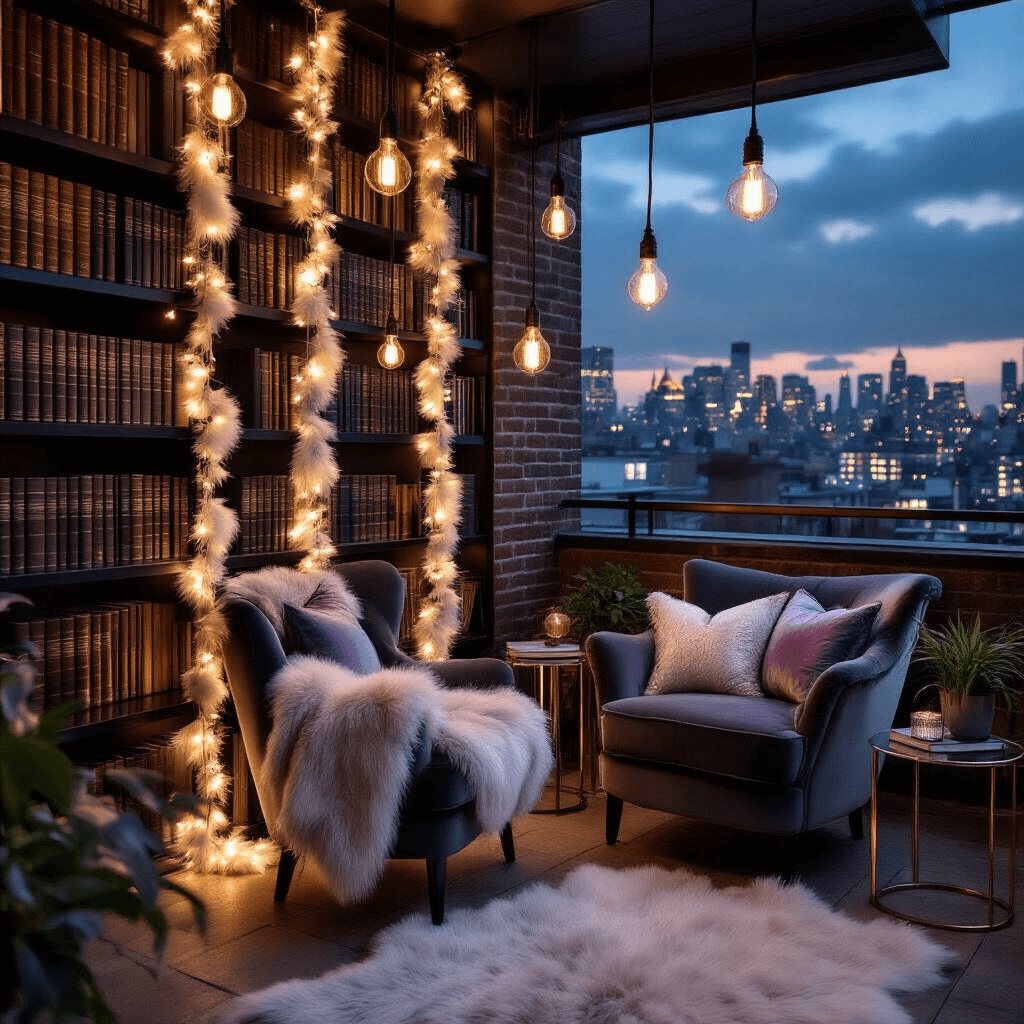 A cozy rooftop reading corner at night, featuring a plush charcoal velvet chair beside a modern glass table, with illuminated book page garlands on exposed brick walls and a backdrop of leather-bound books. Layered textiles in faux fur and silk add warmth, while the urban skyline twinkles in the background.