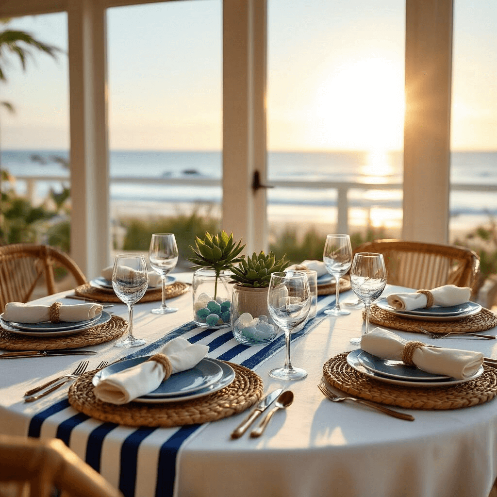 Table Setting Ideas That Will Transform Your Dining Experience Elegant coastal-themed dining table set in a sun-drenched beachfront room, featuring a round table with white linen, navy striped runner, rattan charger plates, sea glass centerpieces, and sandy beige napkins, all illuminated by golden hour light.