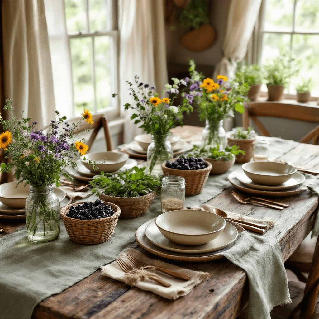 Table Setting Ideas That Will Transform Your Dining Experience Overhead view of a rustic garden harvest table set for an intimate breakfast, featuring a sage green linen tablecloth, cream ceramic plates with terracotta salad plates, baskets of blackberries and herbs, mason jar wildflower vases, wooden serving pieces, copper flatware, burlap napkins tied with twine, and seasonal produce, all illuminated by soft morning light.
