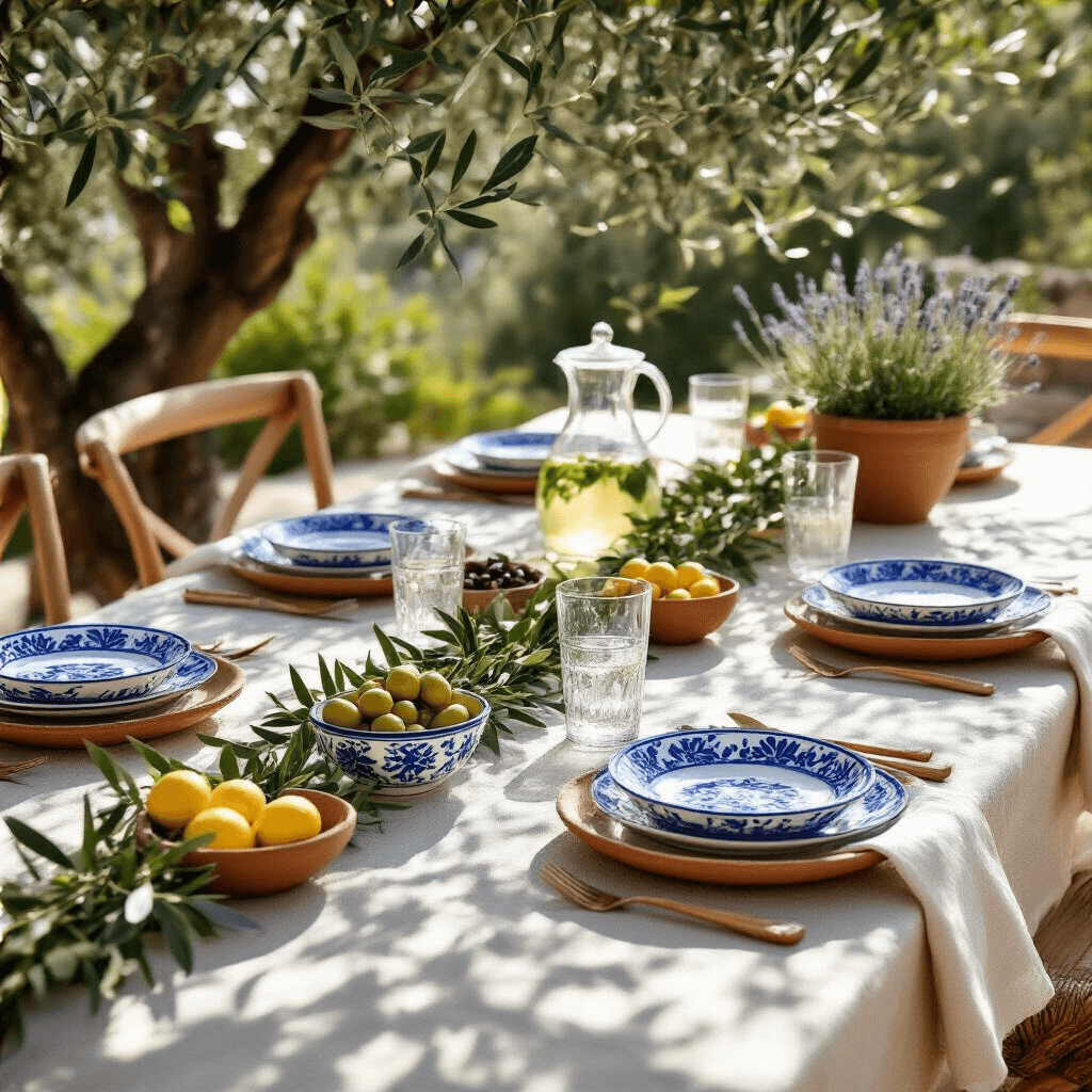 Table Setting Ideas That Will Transform Your Dining Experience Close-up detail of a Mediterranean dining setup on a sunlit terrace, featuring a textured unbleached linen tablecloth, hand-painted blue and white ceramic plates on terracotta chargers, olive branch garlands, bowls of mixed olives and fresh citrus, ivory linen napkins in wooden rings, glass carafes with herbs and lemon water, lavender plants, scattered lemons, azure blue cushion chairs, and climbing bougainvillea.