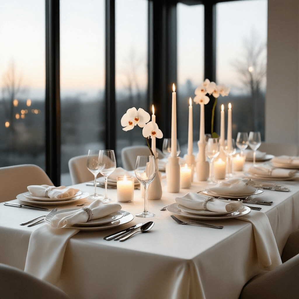 Table Setting Ideas That Will Transform Your Dining Experience Cinematic wide shot of a minimalist formal dining table with an ivory silk tablecloth, layered white and cream dishware, crystal stemware, and white bud vases with orchids, illuminated by warm candlelight in a modern dining room.