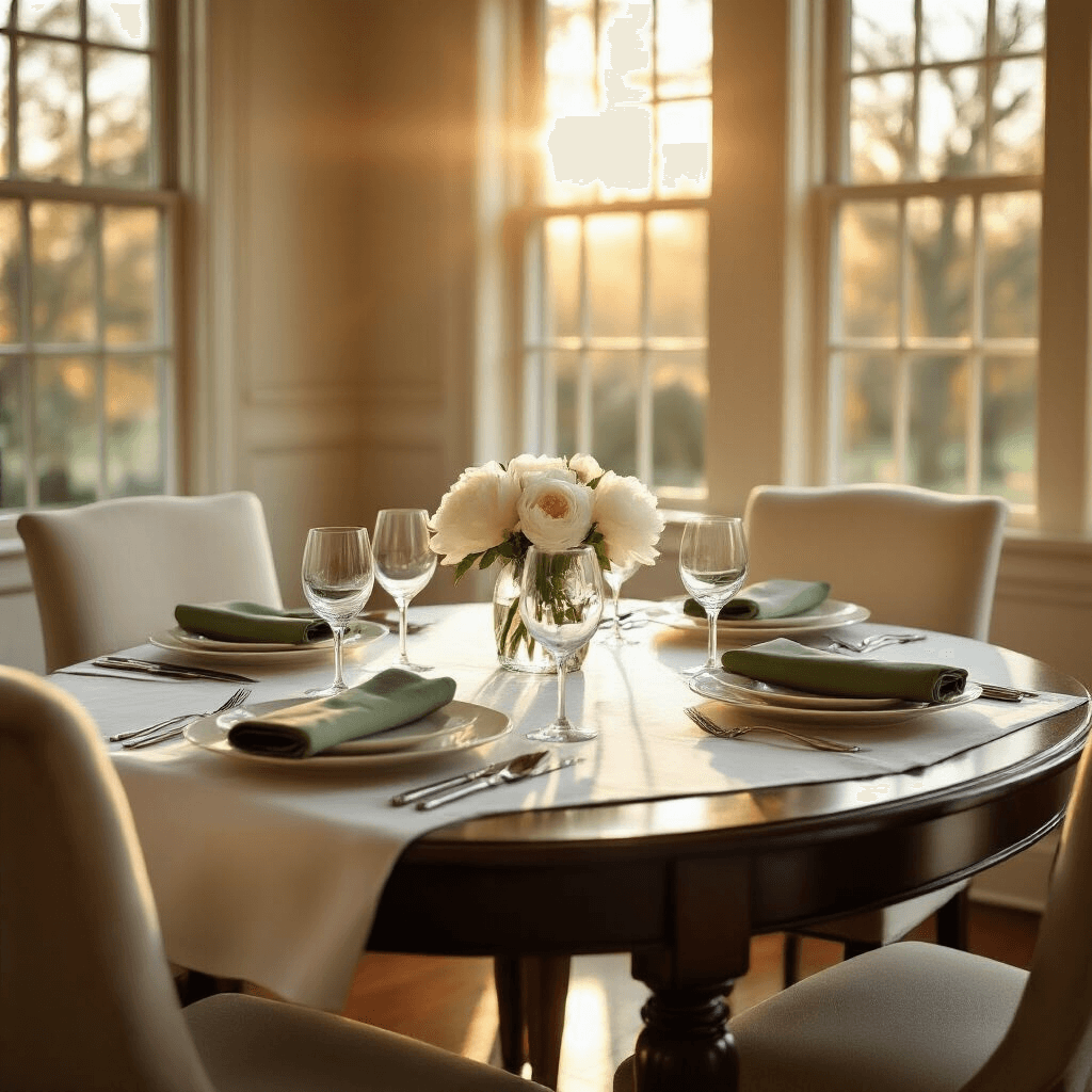 The Art of Setting a Stunning Dinner Table: Your Complete Guide to Impressive Table Settings Elegant indoor dining room set for six, featuring a mahogany table with ivory plates, silver cutlery, and sage green napkins, illuminated by golden hour sunlight through tall windows, creating a warm, sophisticated ambiance.