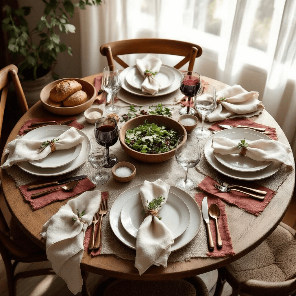 The Art of Setting a Stunning Dinner Table: Your Complete Guide to Impressive Table Settings Overhead view of a rustic table setting featuring round oak dining table, layered place settings with white porcelain plates, textured linen placemats, and fresh herbs, all illuminated by soft morning light.