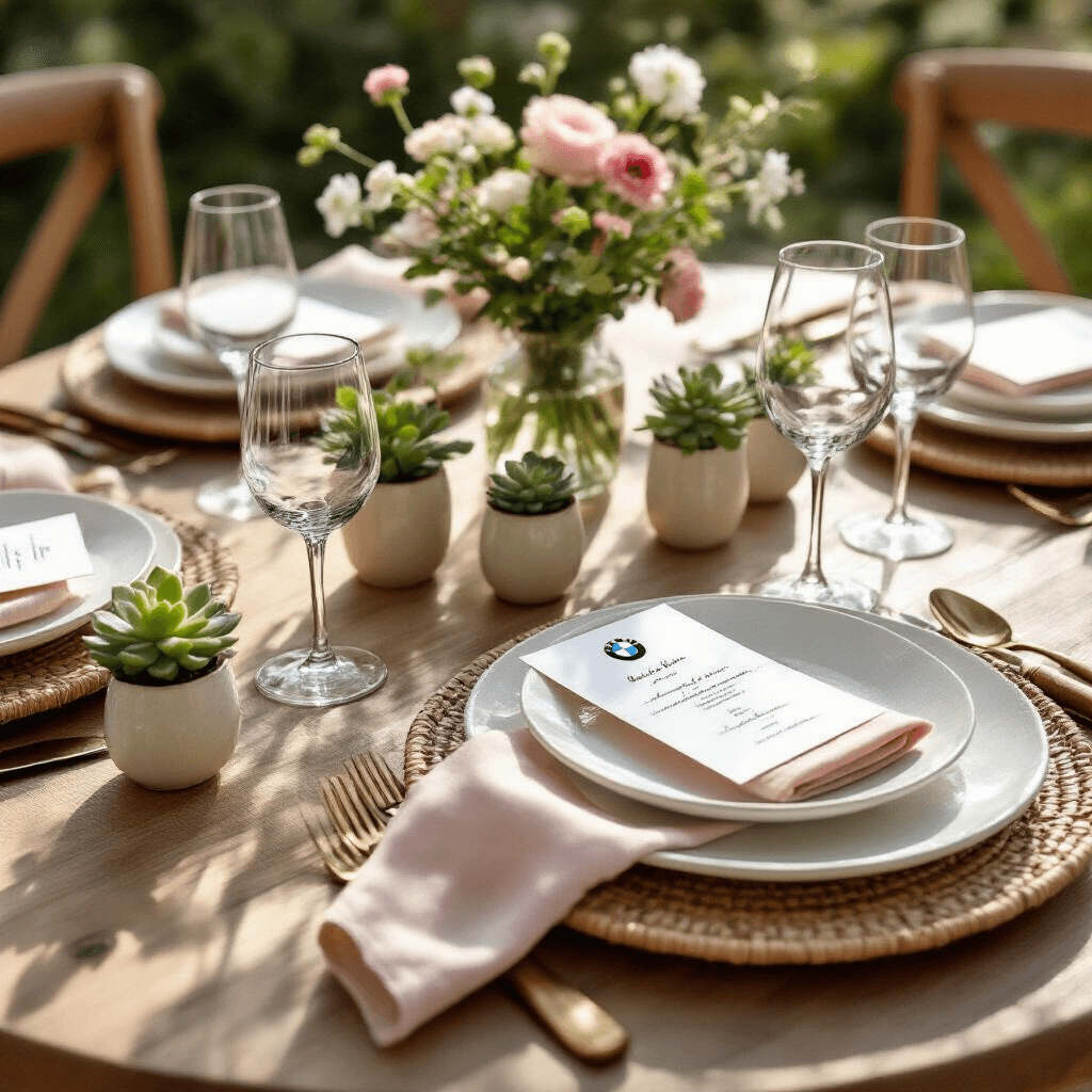 The Art of Setting a Stunning Dinner Table: Your Complete Guide to Impressive Table Settings Close-up detail of a styled small dining area featuring a round pedestal table set for four, showcasing proper table etiquette with bread plates on the left, main dinner plates centered, and water glasses on the right. Handwritten calligraphy place cards and folded blush pink linen napkins adorn each setting, complemented by fresh garden flowers in bud vases, vintage brass chargers, white ceramic dinnerware, wooden handled flatware, delicate wine glasses, and small potted succulents. Natural wood table surface is visible, enhanced by woven placemats, while midday sunlight highlights the textures of ceramics, linen, and brass.