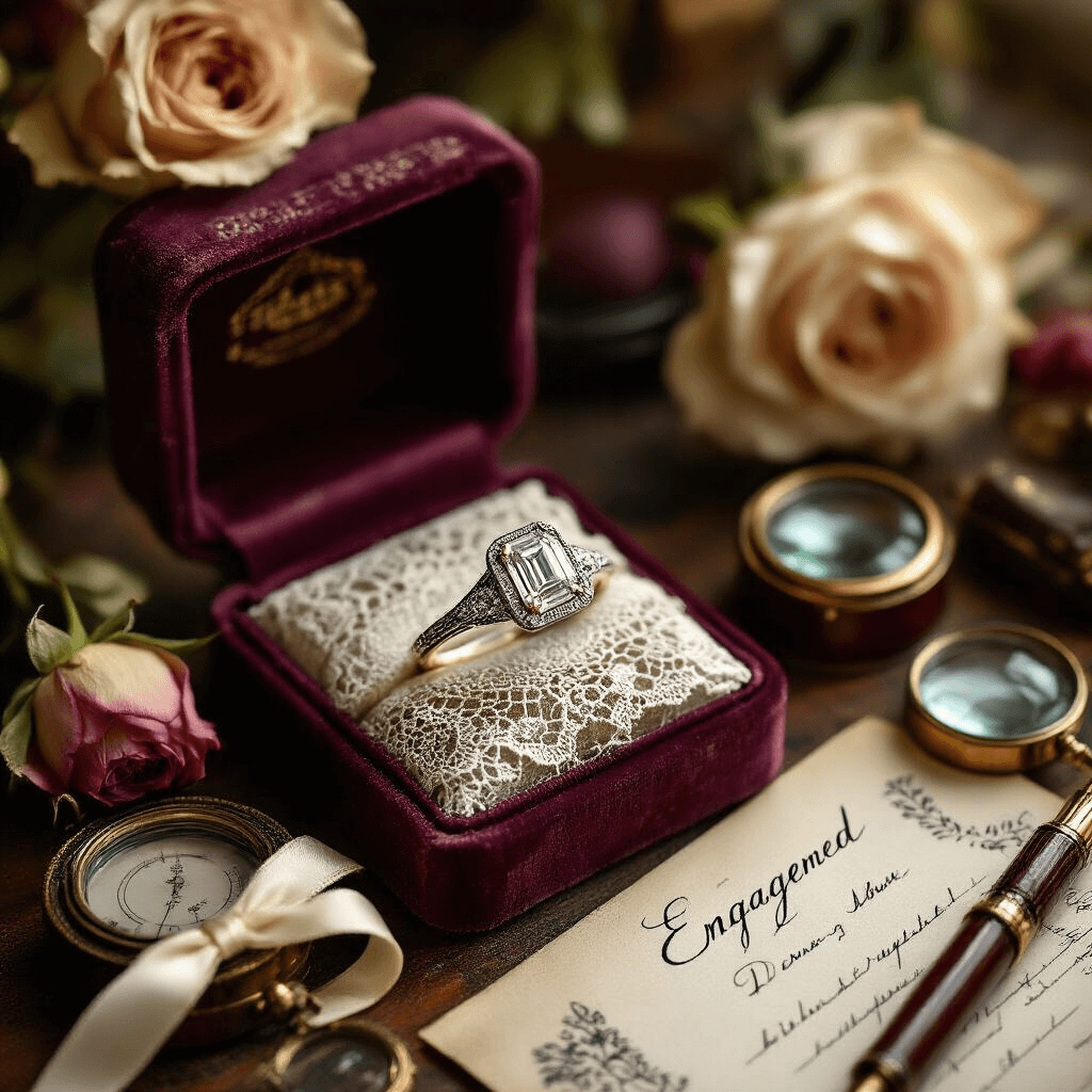 Vintage Engagement Rings: Your Guide to Timeless Romance and One-of-a-Kind Style Elegant vintage engagement ring styling station featuring a 1920s Art Deco ring with an emerald-cut diamond, set against antique lace and rich burgundy velvet, illuminated by soft morning light. Surrounding elements include vintage jewelry boxes, magnifying glasses, handwritten appraisal documents, ivory silk ribbon, dried roses, a vintage fountain pen, and leather-bound ring sizing tools, all captured in a warm golden and cream color palette with deep burgundy accents.