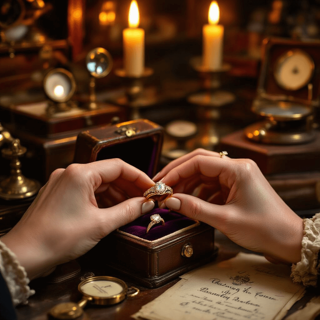 Vintage Engagement Rings: Your Guide to Timeless Romance and One-of-a-Kind Style Close-up of hands delicately examining a Victorian-era engagement ring in a warm, cozy antique jewelry shop, illuminated by flickering candlelight. The ring features a chunky yellow gold setting with a rose-cut diamond surrounded by seed pearls, showcased on a velvet cushion among rich mahogany display cases filled with vintage jewelry. Dramatic shadows and highlights enhance the luxurious atmosphere, complemented by brass magnifying equipment and aged leather appraisal books.