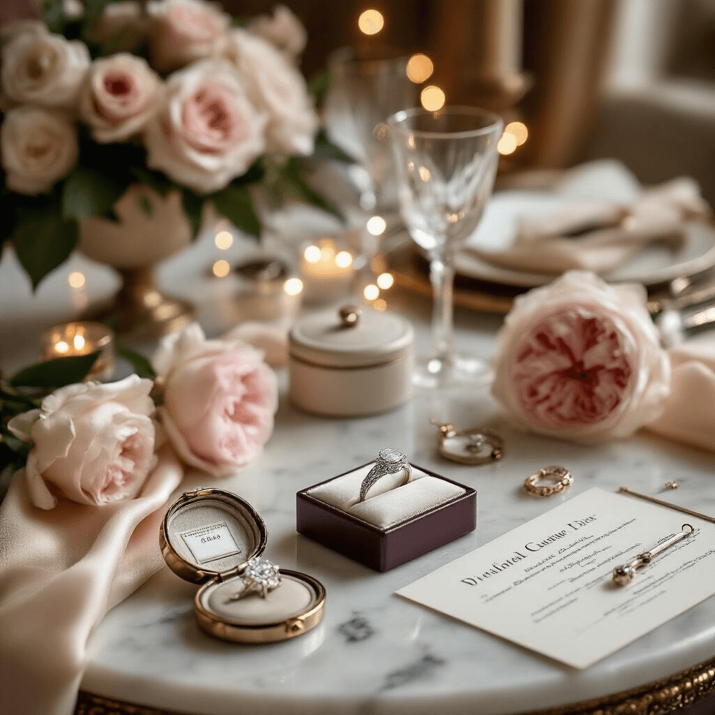 Vintage Engagement Rings: Your Guide to Timeless Romance and One-of-a-Kind Style Elegant Edwardian ring displayed on a round marble-top table in a sophisticated apartment nook, adorned with vintage jewelry cleaning kit, gemological reports, and insurance documentation, set against a backdrop of soft evening light, blush pink peonies, and fairy lights, creating a romantic ambiance.