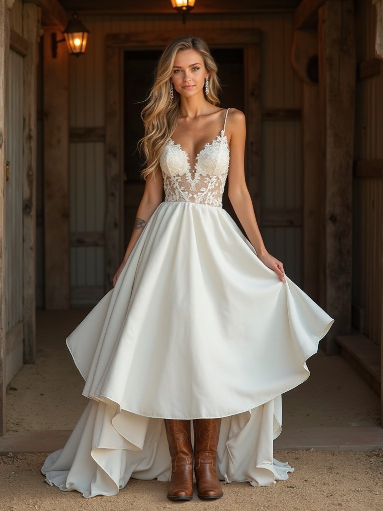 25 Western Wedding Dresses for a Rustic Romantic Celebration 2. Cowboy Boot Ready Hemlines