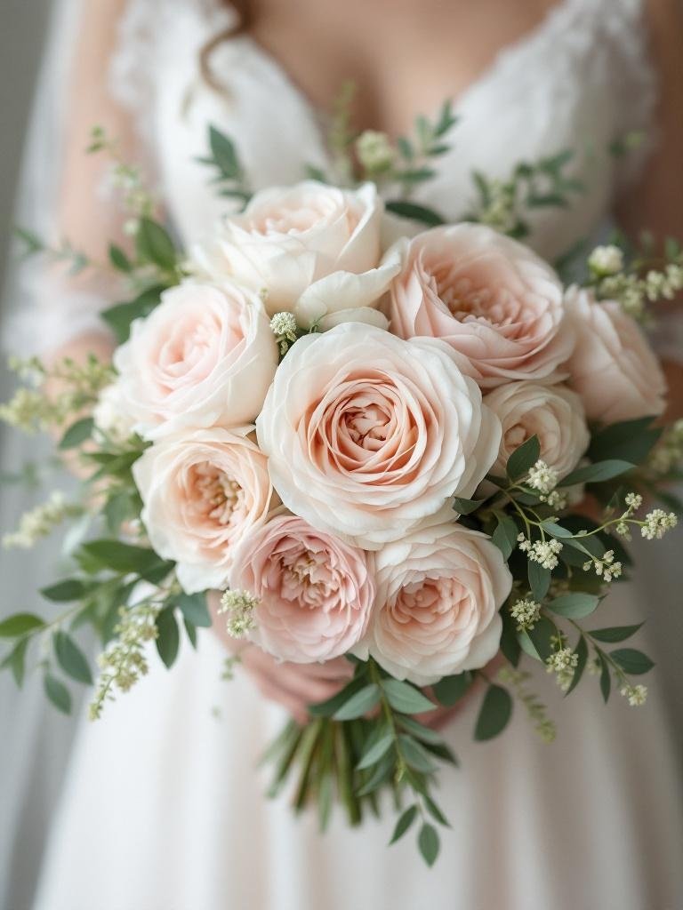 27 Light Pink Wedding Ideas for a Soft and Romantic Celebration Bridal bouquet with soft light pink roses and peonies