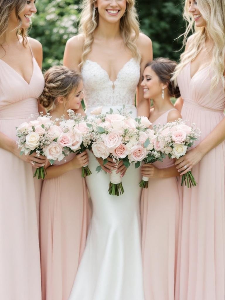 27 Light Pink Wedding Ideas for a Soft and Romantic Celebration Bridesmaids in mismatched light pink dresses