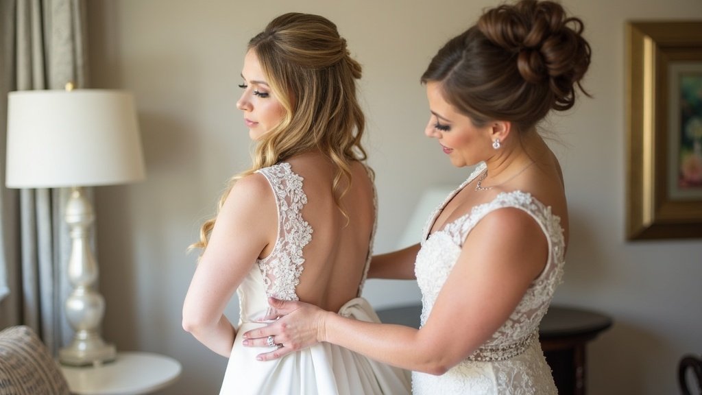 Who to Pick as Maid of Honour: The Ultimate Guide Maid of honour helping bride with wedding dress on wedding day