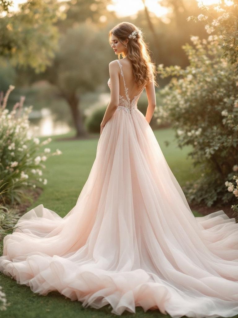 27 Light Pink Wedding Ideas for a Soft and Romantic Celebration Bride in elegant blush pink wedding gown