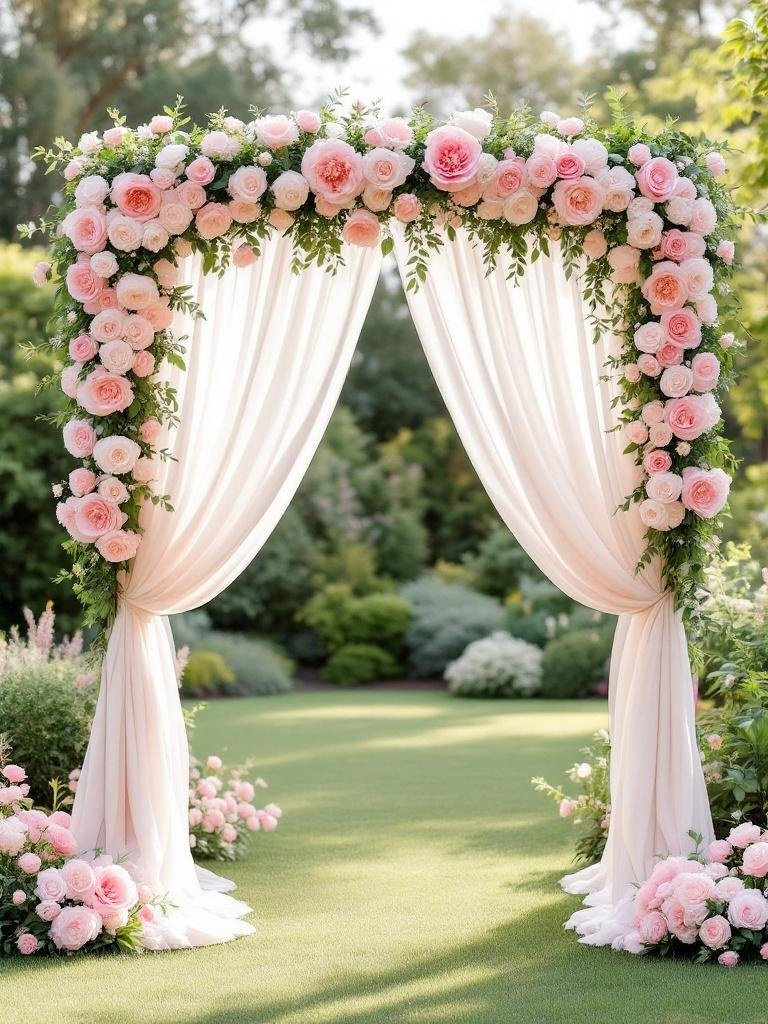 27 Light Pink Wedding Ideas for a Soft and Romantic Celebration Romantic light pink wedding arch with roses and peonies