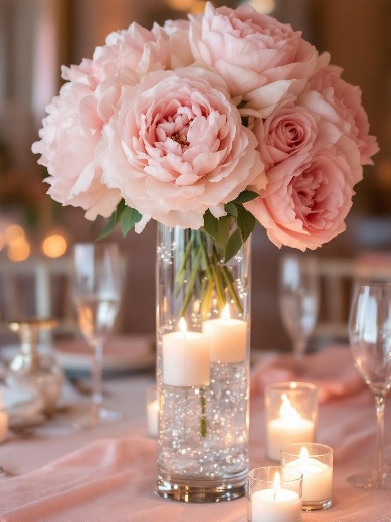 27 Light Pink Wedding Ideas for a Soft and Romantic Celebration Elegant wedding centerpiece with blush pink roses and crystal vase