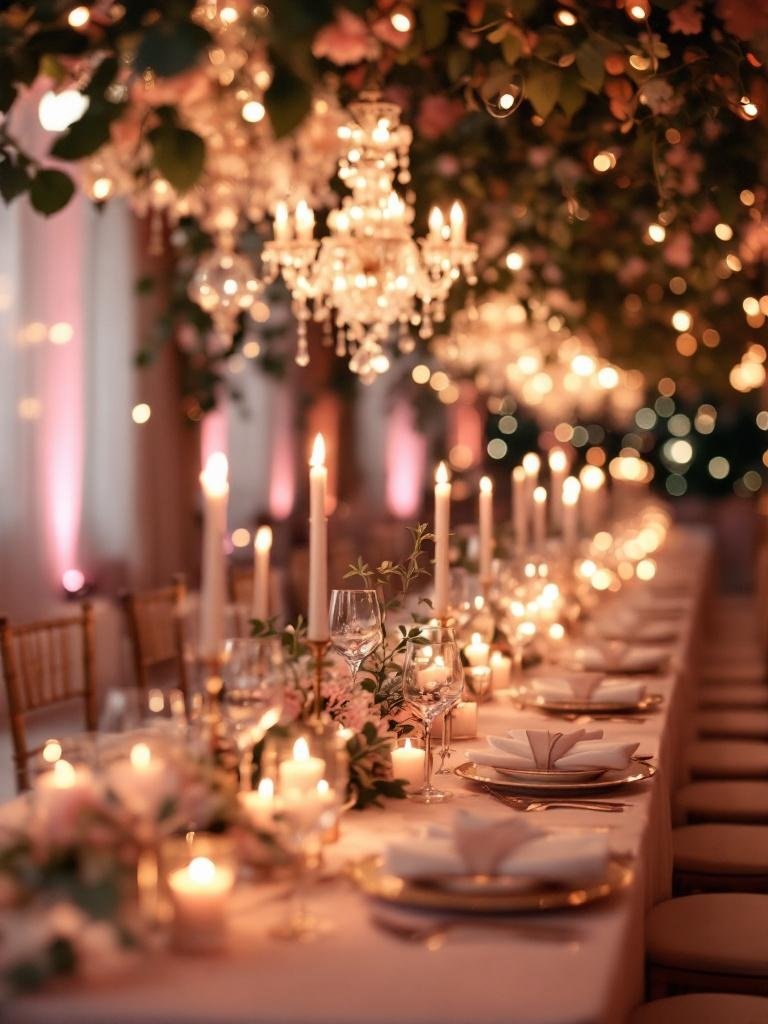 27 Light Pink Wedding Ideas for a Soft and Romantic Celebration Romantic wedding reception with fairy lights and soft pink lighting