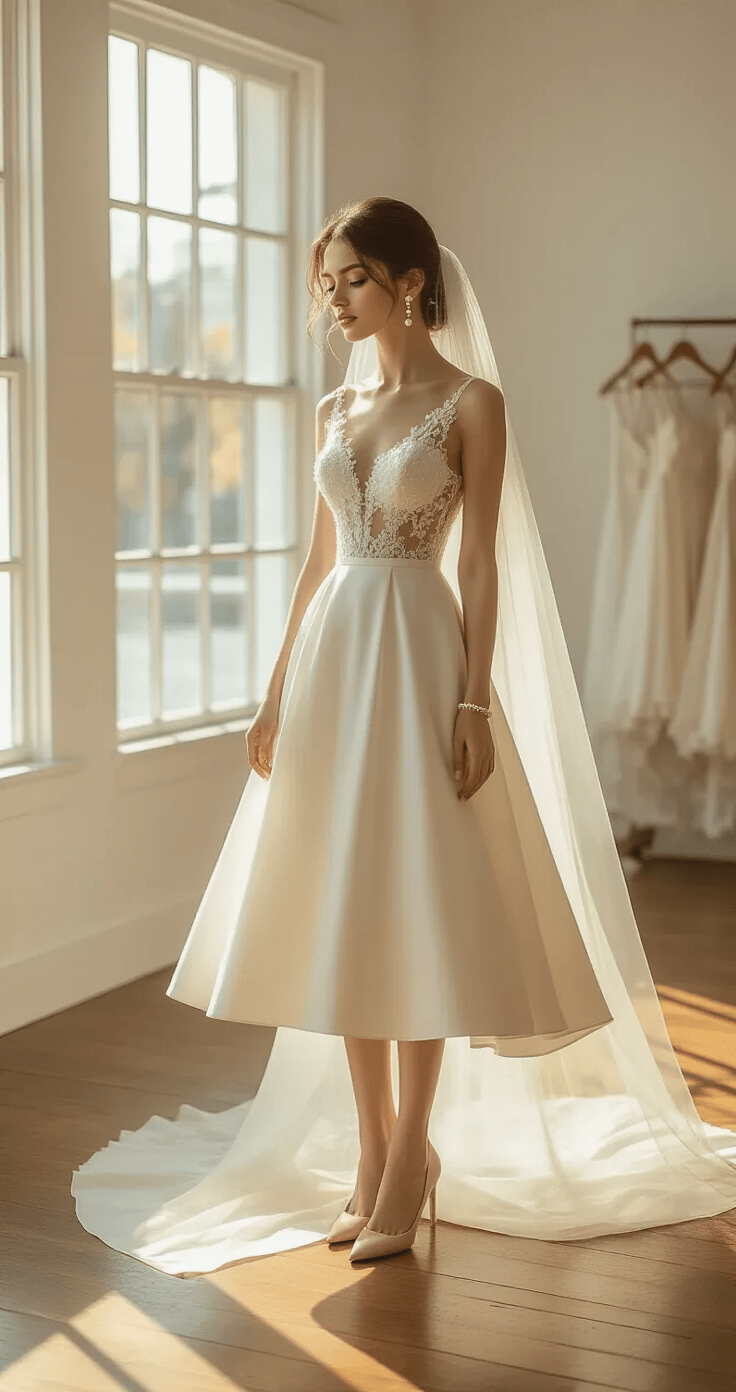 Short Wedding Dresses: The Stylish Alternative Every Modern Bride Should Consider A sophisticated bride in a knee-length A-line wedding dress admires her reflection in a sunlit minimalist bridal boutique, with golden hour light illuminating the space. She wears a structured ivory silk dress with lace details, pearl drop earrings, and nude heels, her soft tulle veil draping behind her as she touches the skirt fabric. The warm, romantic atmosphere highlights her vintage pearl bracelets and elegant low chignon.