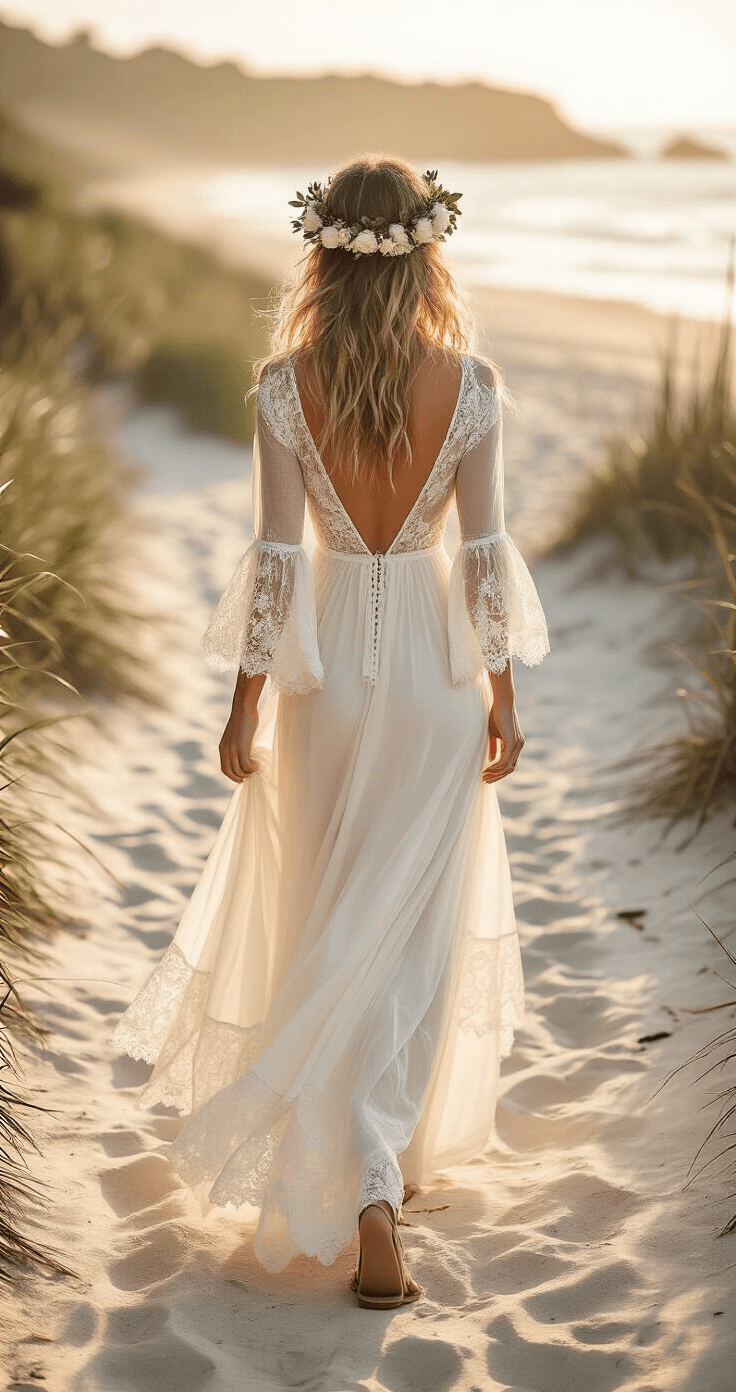 Short Wedding Dresses: The Stylish Alternative Every Modern Bride Should Consider A bohemian bride in a flowing midi wedding dress with lace bell sleeves walks along a sandy beach path, backlit by golden hour light. She wears a flower crown of white roses and eucalyptus, layered delicate necklaces, and nude block sandals. Driftwood and sea grass frame the pathway, creating a dreamy coastal atmosphere.