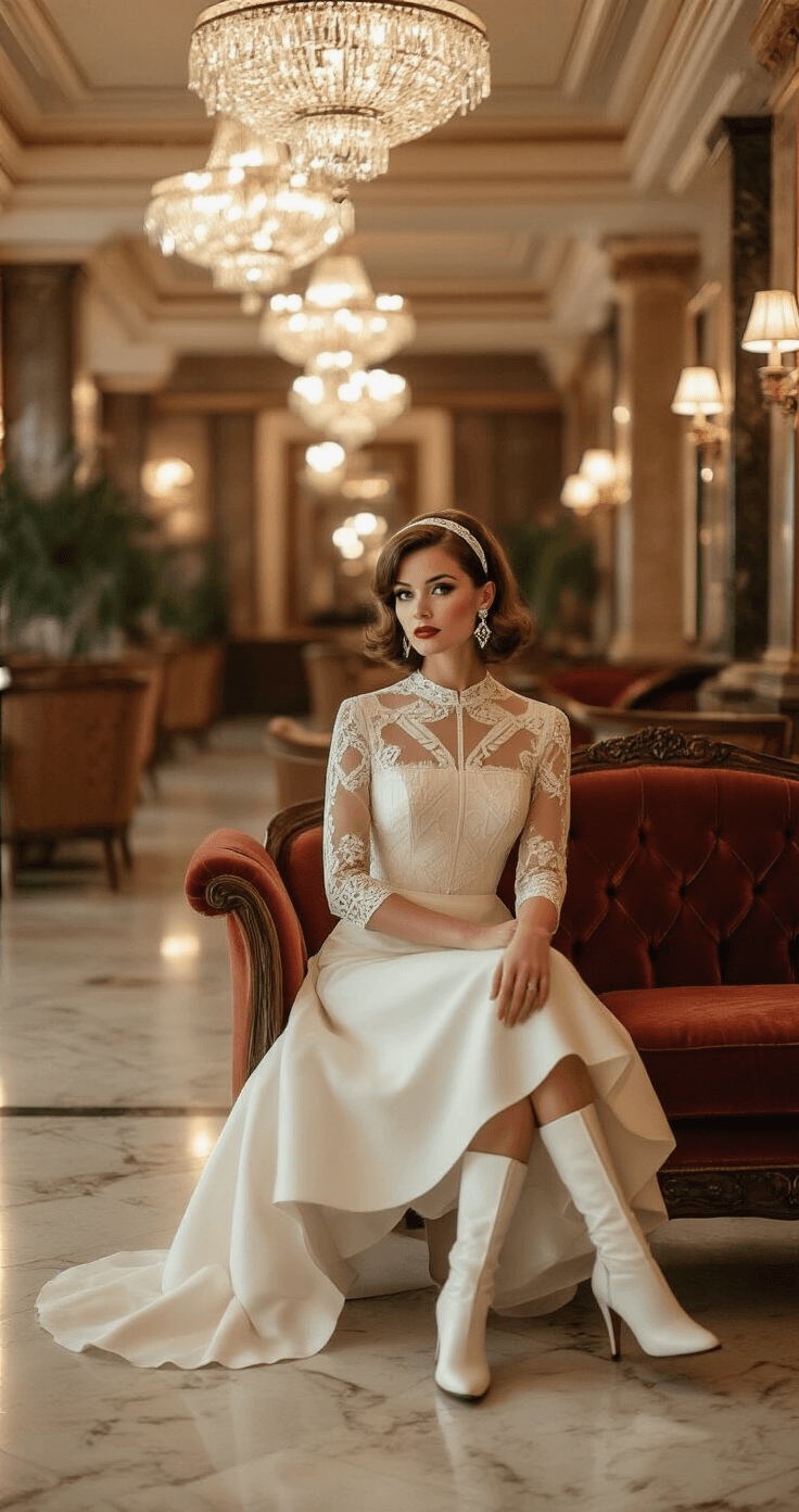 Short Wedding Dresses: The Stylish Alternative Every Modern Bride Should Consider A vintage-inspired bride in a 1960s mod-style wedding dress sits elegantly in a hotel lounge, showcasing a structured A-line mini dress with geometric lace patterns, three-quarter sleeves, and a high neckline. She accessorizes with white go-go boots, mod geometric earrings, and a sleek bob hairstyle with a vintage headband, all illuminated by soft ambient light from crystal chandeliers, highlighting the retro sophistication of the scene.