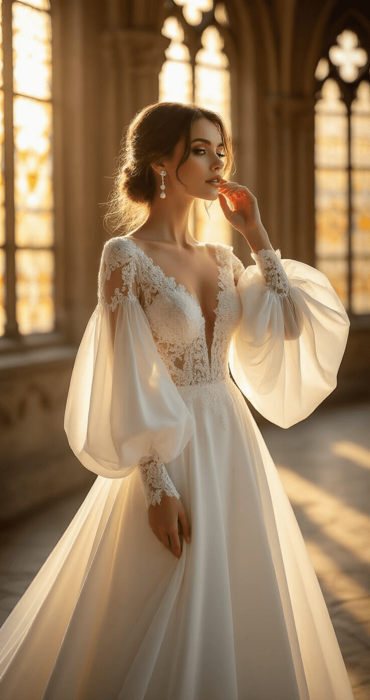 Long Sleeve Wedding Dresses: The Ultimate Guide to Timeless Bridal Elegance A bride in a white long-sleeved wedding gown with bishop sleeves adjusts pearl drop earrings in golden hour light, against gothic cathedral windows, showcasing the gown's lace details and flowing silk.
