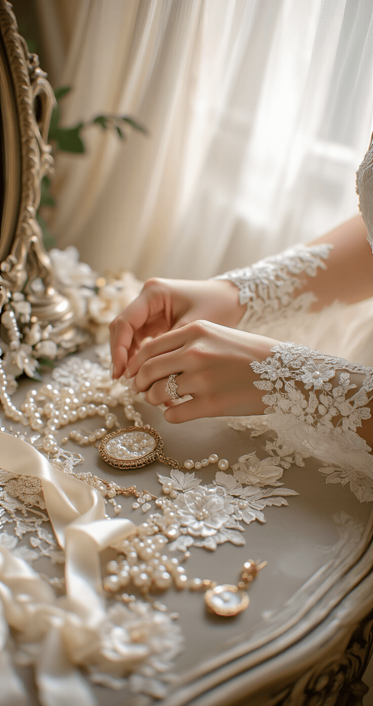 Long Sleeve Wedding Dresses: The Ultimate Guide to Timeless Bridal Elegance Close-up of a bride fastening lace cuffs on illusion sleeves, surrounded by bridal accessories on a vintage vanity. Soft morning light illuminates beadwork and embroidered florals, with pearl jewelry and an antique mirror enhancing the intimate scene.