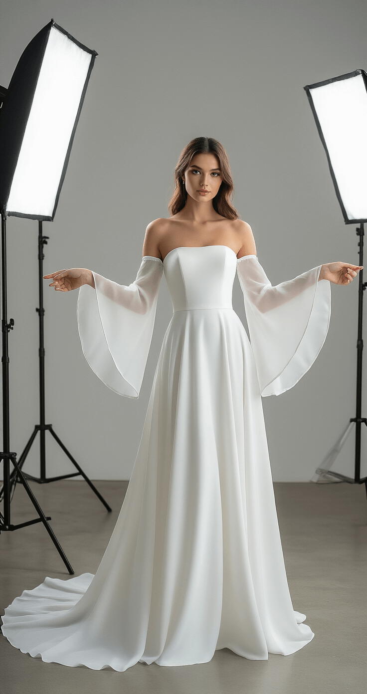 Long Sleeve Wedding Dresses: The Ultimate Guide to Timeless Bridal Elegance A modern bride in a minimalist studio removes detachable bell sleeves, revealing a sleek strapless bodice, showcasing contemporary bridal design versatility against a crisp white backdrop.