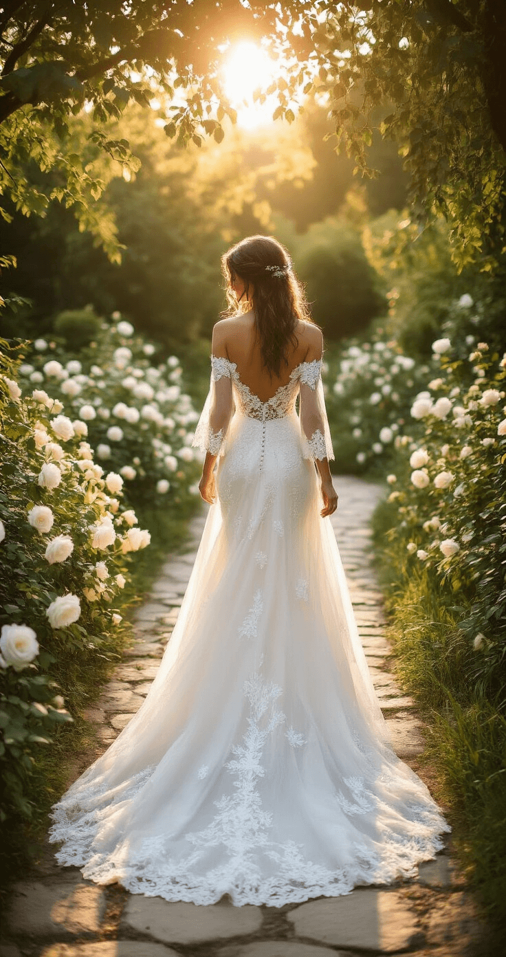 Long Sleeve Wedding Dresses: The Ultimate Guide to Timeless Bridal Elegance Bride in off-the-shoulder lace gown with flowing train walking along stone pathway in blooming garden at golden hour, surrounded by white roses and greenery, with dappled sunlight highlighting lace details.
