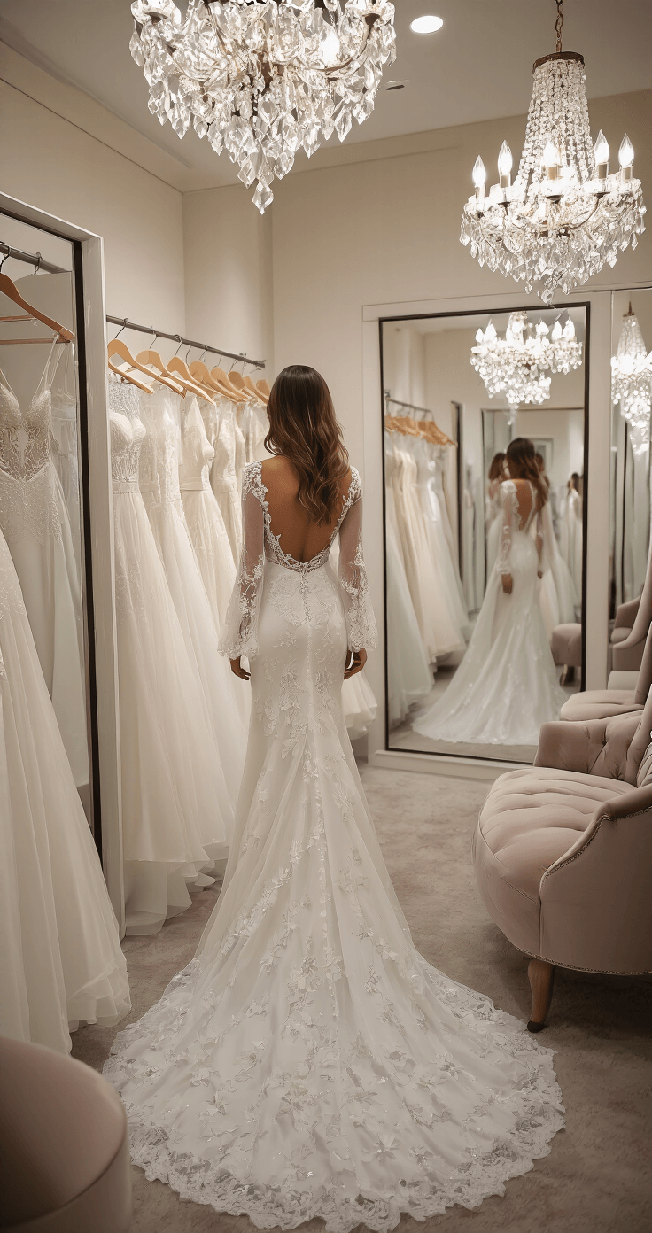 Long Sleeve Wedding Dresses: The Ultimate Guide to Timeless Bridal Elegance Bridal boutique fitting room with a bride trying on long-sleeved gowns displayed on elegant hangers, featuring diverse sleeve styles under soft ambient lighting from crystal chandeliers, surrounded by velvet seating and full-length mirrors.