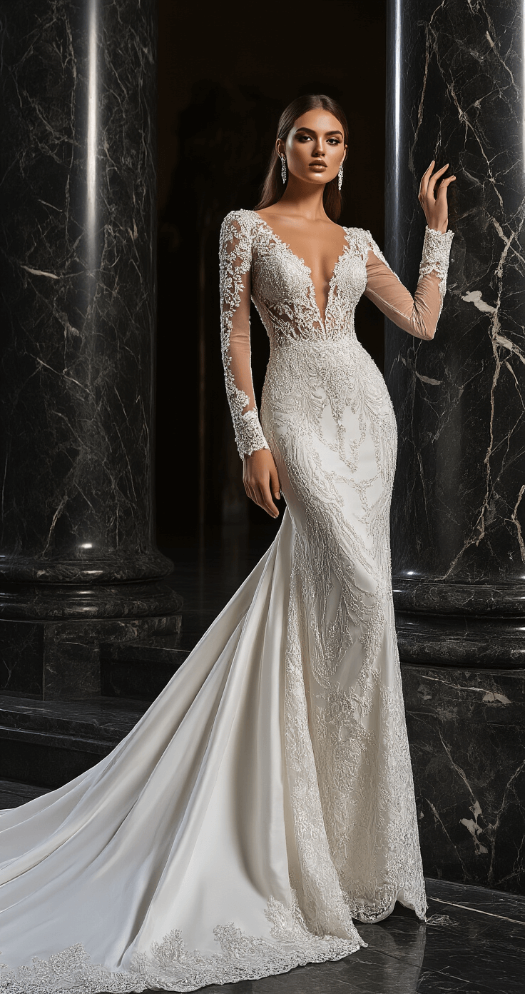 Long Sleeve Wedding Dresses: The Ultimate Guide to Timeless Bridal Elegance A bride poses in a statement long-sleeved gown with intricate beading against dark marble architecture, illuminated by evening light that enhances the gown's silhouette and sleeve details, showcasing the rich textures of satin and lace.