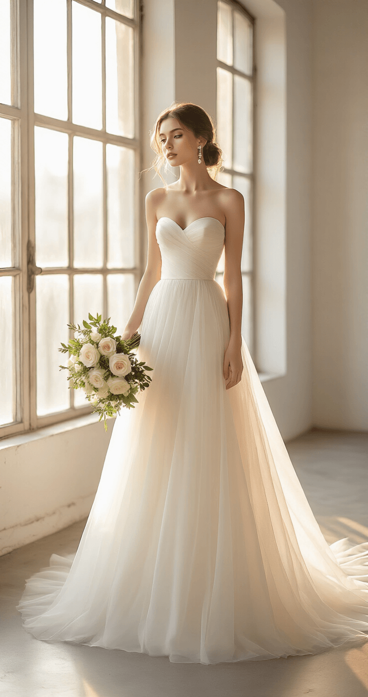 Strapless Wedding Dresses: The Complete Guide to Looking Absolutely Stunning on Your Big Day A bride in an ivory strapless gown with a flowing A-line tulle skirt poses in a minimalist studio during golden hour, with soft natural light illuminating her pearl drop earrings and silk bodice adorned with lace appliques. She holds a bouquet of white roses and greenery, showcasing an elegant three-quarter angle of her romantic low chignon and graceful posture.