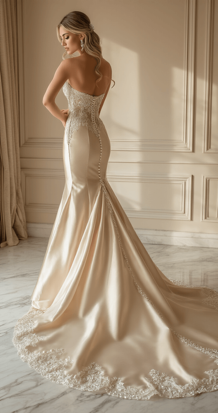 Strapless Wedding Dresses: The Complete Guide to Looking Absolutely Stunning on Your Big Day A bride in a strapless mermaid gown made of champagne silk mikado fabric stands in a luxurious bridal boutique fitting room, as a professional seamstress makes adjustments. The intricate beadwork on the fitted bodice and dramatic train beautifully contrast with the marble floor, while crystal embellishments catch the soft mid-morning light. Warm, neutral tones enhance the elegant atmosphere.