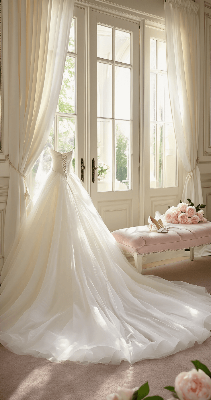Strapless Wedding Dresses: The Complete Guide to Looking Absolutely Stunning on Your Big Day Elegant mansion bedroom with French doors, afternoon sunlight filtering through sheer curtains. A strapless white ball gown drapes over a plush velvet bench, accompanied by bridal accessories including a cathedral veil, satin pumps, diamond tennis bracelet, and pearl necklace. Soft romantic lighting enhances the dreamy atmosphere, with a color palette of crisp whites, soft ivories, and hints of blush pink from fresh peonies.