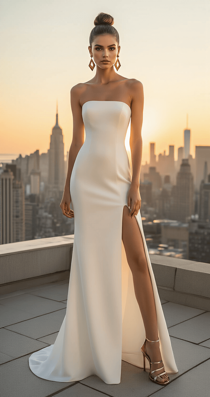 Strapless Wedding Dresses: The Complete Guide to Looking Absolutely Stunning on Your Big Day Bride in a minimalist strapless column gown on an urban rooftop at sunset, showcasing the city skyline; features geometric earrings and a high bun, highlighted by dramatic golden light.