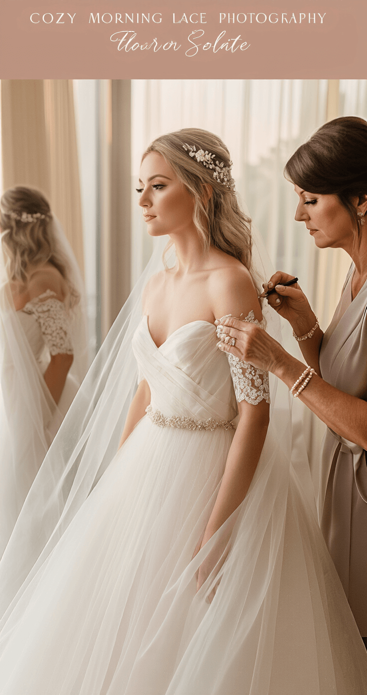 Strapless Wedding Dresses: The Complete Guide to Looking Absolutely Stunning on Your Big Day Cozy bridal preparation suite bathed in warm morning light, featuring a bride accessorizing a strapless A-line gown with detachable lace sleeves and subtle sparkle. She adorns her hair with a delicate floral vine and a vintage pearl bracelet, while a makeup artist adds final touches in an intimate atmosphere. Textures of flowing tulle and Chantilly lace complement the soft ivory and champagne color palette with dusty rose accents.