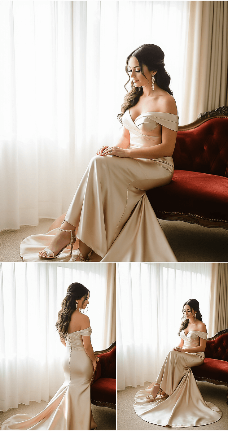 Off-Shoulder Wedding Dresses: The Most Romantic Style That Never Goes Out of Fashion A bride prepares in a sunlit bridal suite, wearing a champagne-toned satin off-shoulder mermaid gown with a structured bodice and dramatic train spread across an antique velvet chaise, surrounded by elegant accessories and soft morning light.