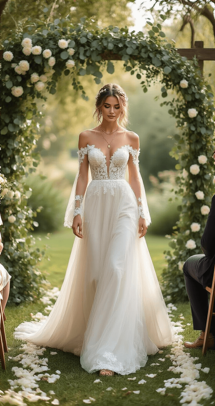 Off-Shoulder Wedding Dresses: The Most Romantic Style That Never Goes Out of Fashion A bride walks down a petal-lined aisle in a bohemian off-shoulder wedding dress with flowing tulle and lace sleeves, surrounded by eucalyptus arbor and white roses in a softly lit outdoor garden ceremony.