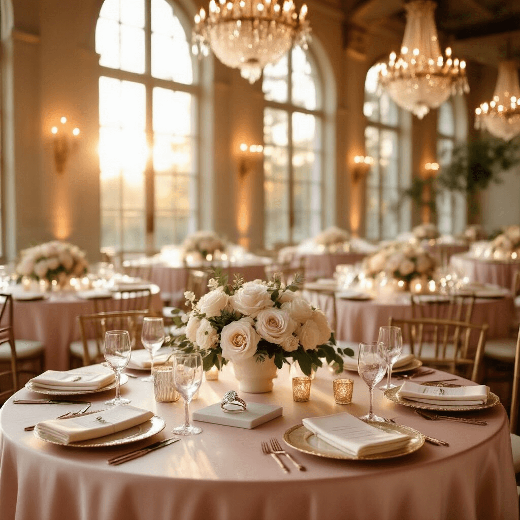 A beautifully set engagement party in a ballroom during golden hour, featuring blush pink silk tables, elegant centerpieces with engagement rings on marble pedestals, soft roses, and eucalyptus, illuminated by warm sunlight and fairy lights from chandeliers.