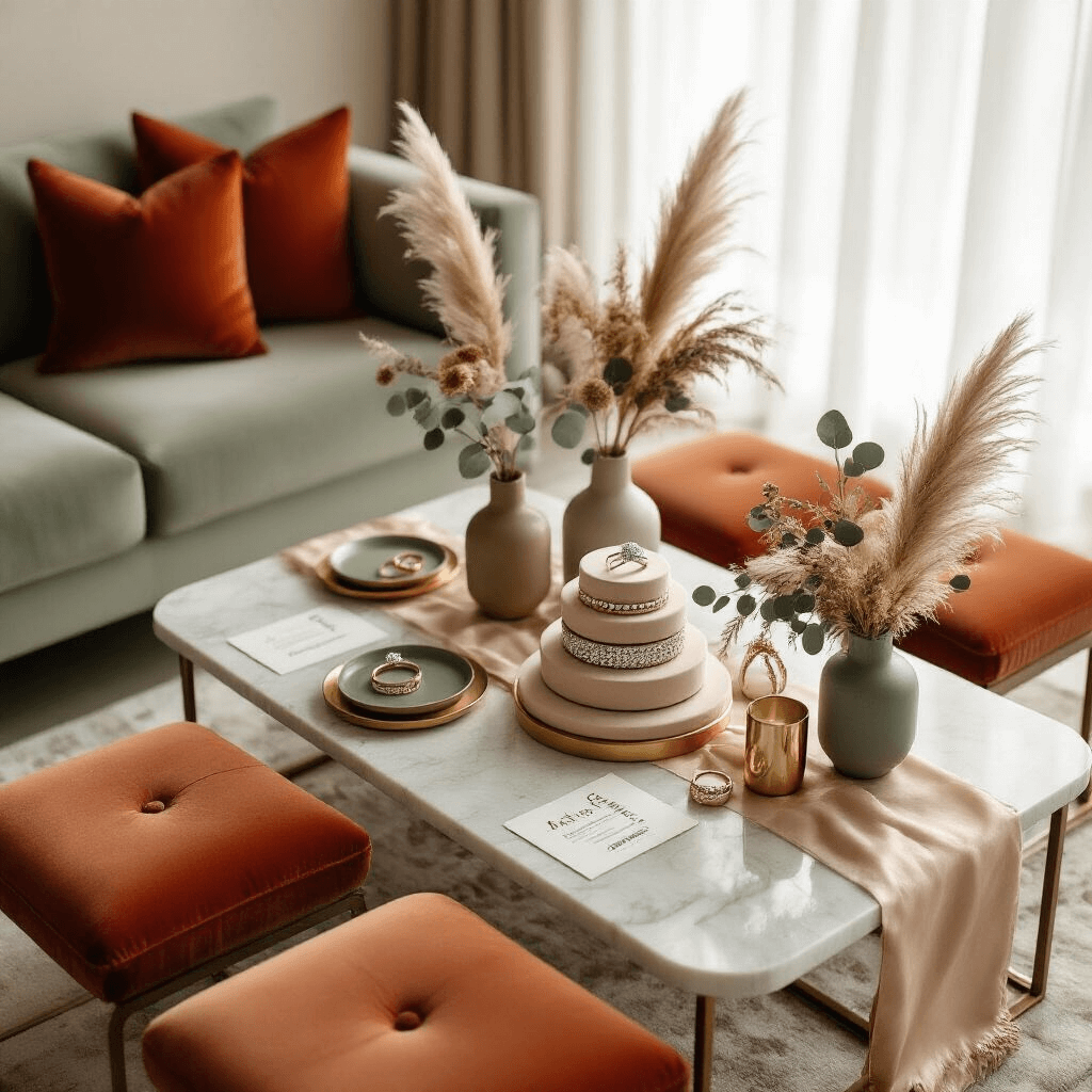 Overhead flat lay of a cozy engagement celebration setup featuring a marble coffee table with terracotta and sage green velvet cushions, a three-tiered display of cushion cut engagement rings, modern vases with pampas grass and eucalyptus, illuminated by soft morning light filtering through sheer curtains.