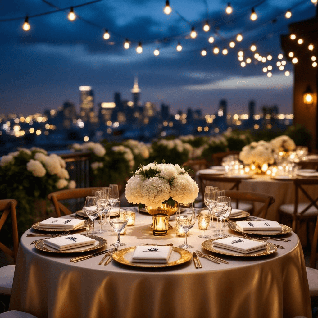 A sophisticated rooftop ring consultation party at night, featuring round tables with champagne silk linens, gold charger plates, crystal glassware, and displays about diamond cuts, set against a twinkling city lights backdrop and illuminated by warm string lights and lanterns, adorned with fresh white hydrangeas and greenery in gold vessels.