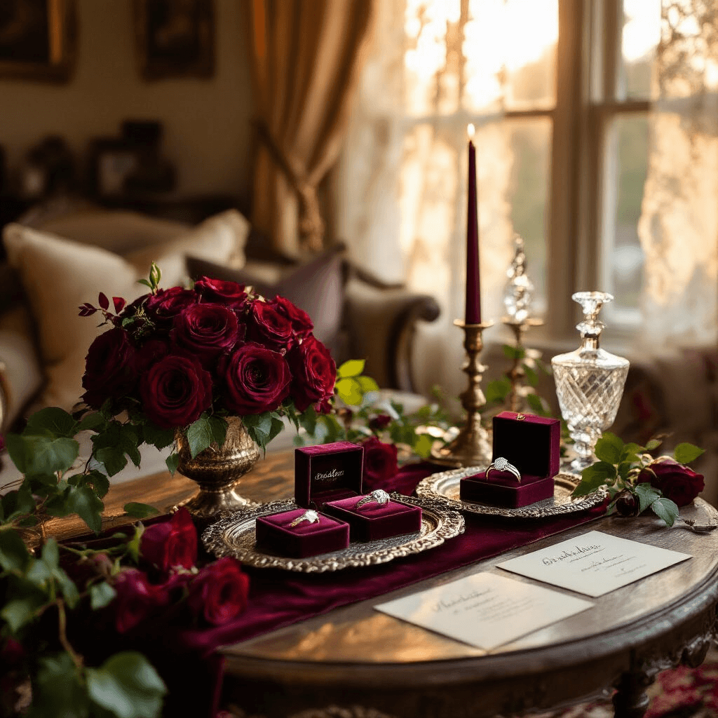 Close-up of an exclusive ring viewing event in a cozy living room at golden hour, featuring cushion cut engagement rings on antique silver trays, surrounded by deep red roses and ivy, with burgundy velvet table runners, brass candlesticks, and soft afternoon light filtering through vintage lace curtains.