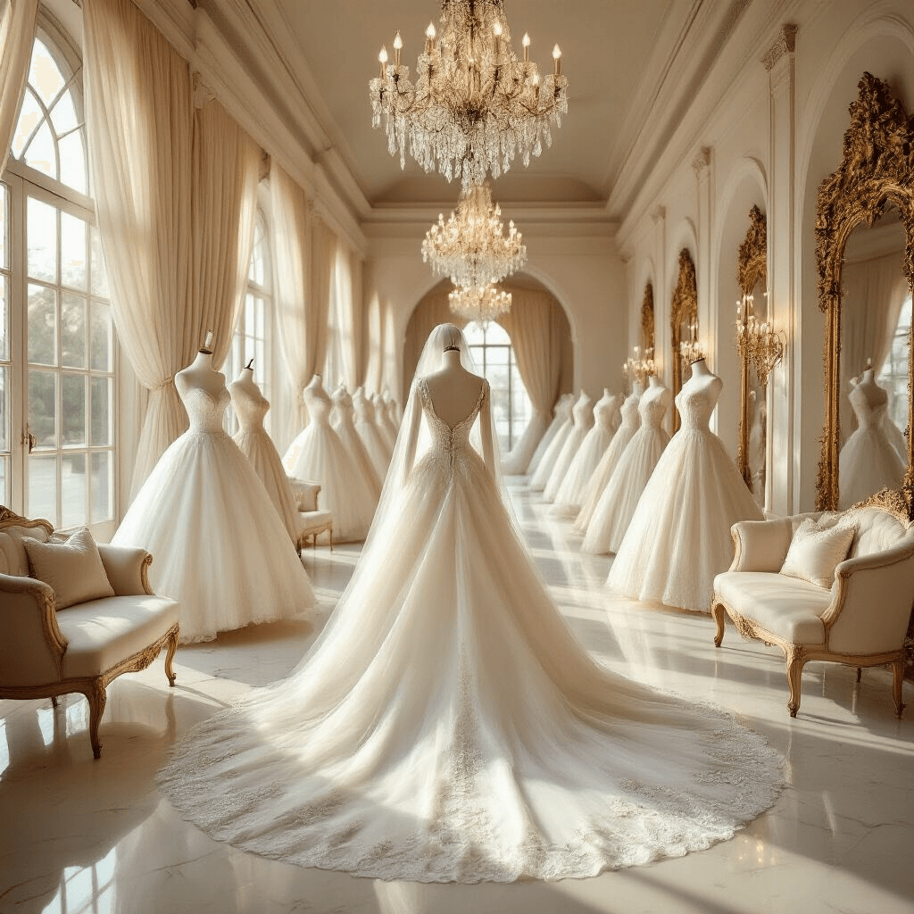 Princess Wedding Dresses: Your Ultimate Guide to Finding the Perfect Fairytale Gown Cinematic wide-angle shot of an elegant bridal salon with princess wedding dresses on silk-draped mannequins, high ceilings, crystal chandeliers, ivory marble floors, ornate vintage stands, luxurious velvet seating, tall arched windows with sheer curtains, and fresh white peonies in crystal vases.