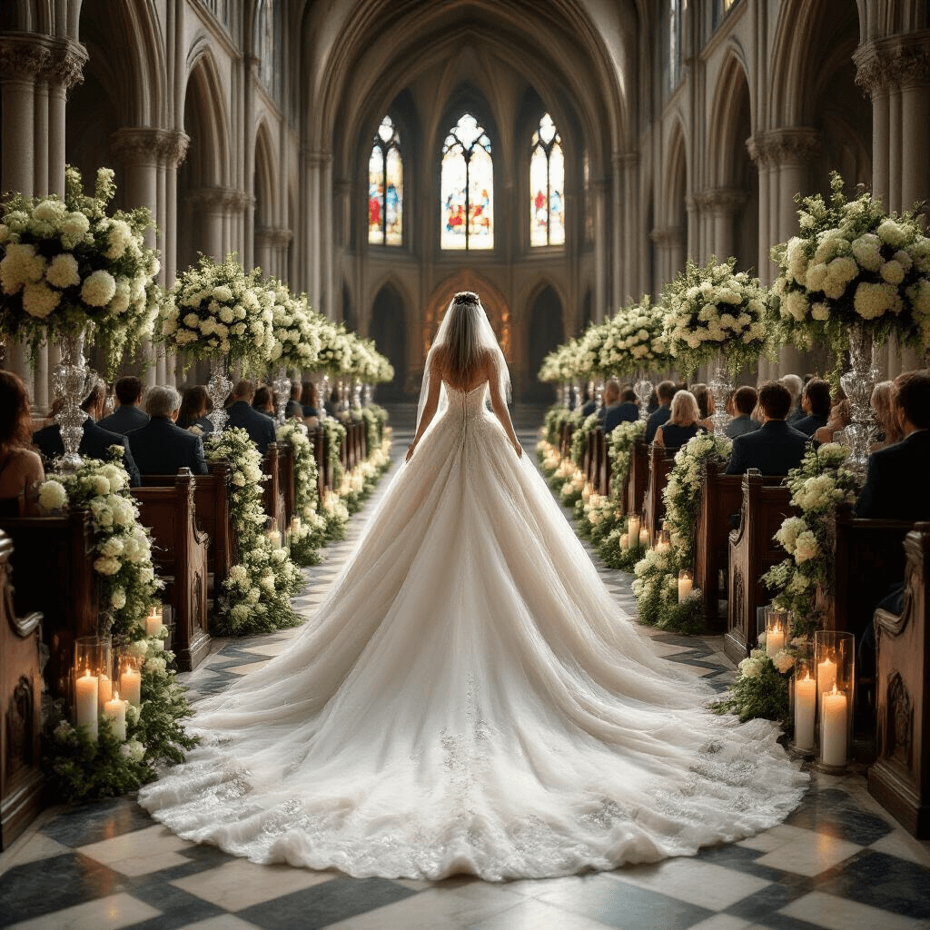 Princess Wedding Dresses: Your Ultimate Guide to Finding the Perfect Fairytale Gown A bride in a dramatic princess gown walks down a flower-lined aisle in a gothic cathedral, surrounded by towering floral arrangements and flickering candles, with stained glass windows casting jewel-toned light across the marble floor.