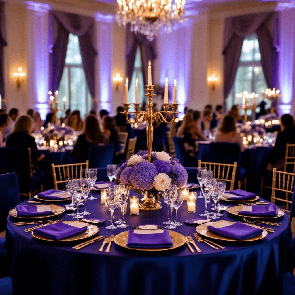 Transform Your Space: The Ultimate Guide to Blue and Purple Home Decor Magic A luxurious indoor dinner party in an elegant ballroom with sophisticated blue and purple decor, featuring round tables with navy silk linens, lavender napkins, and gold-rimmed charger plates, illuminated by warm candlelight from tall gold candelabras, low purple hydrangea and white rose centerpieces, periwinkle uplighting, and sheer purple drapery, creating an intimate yet grand atmosphere.