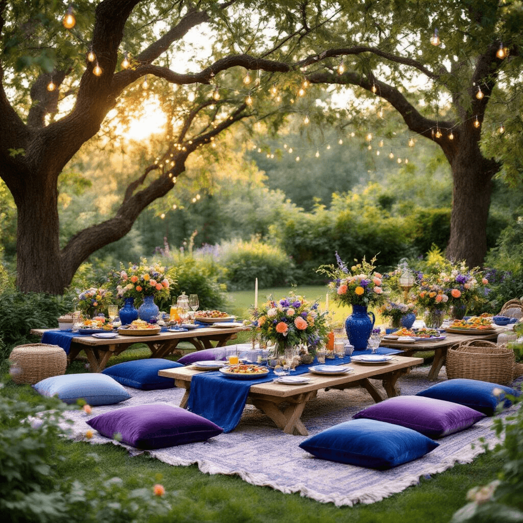 Transform Your Space: The Ultimate Guide to Blue and Purple Home Decor Magic An overhead view of an enchanting garden party at golden hour, featuring low picnic-style tables with navy blue vintage runners, surrounded by purple velvet cushions. Coral and mint wildflower arrangements in glass and blue ceramic vessels complement the decor. Fairy lights hang above, with sunlight filtering through trees, highlighting woven baskets, linen napkins, and rustic wooden serving boards laden with colorful foods.