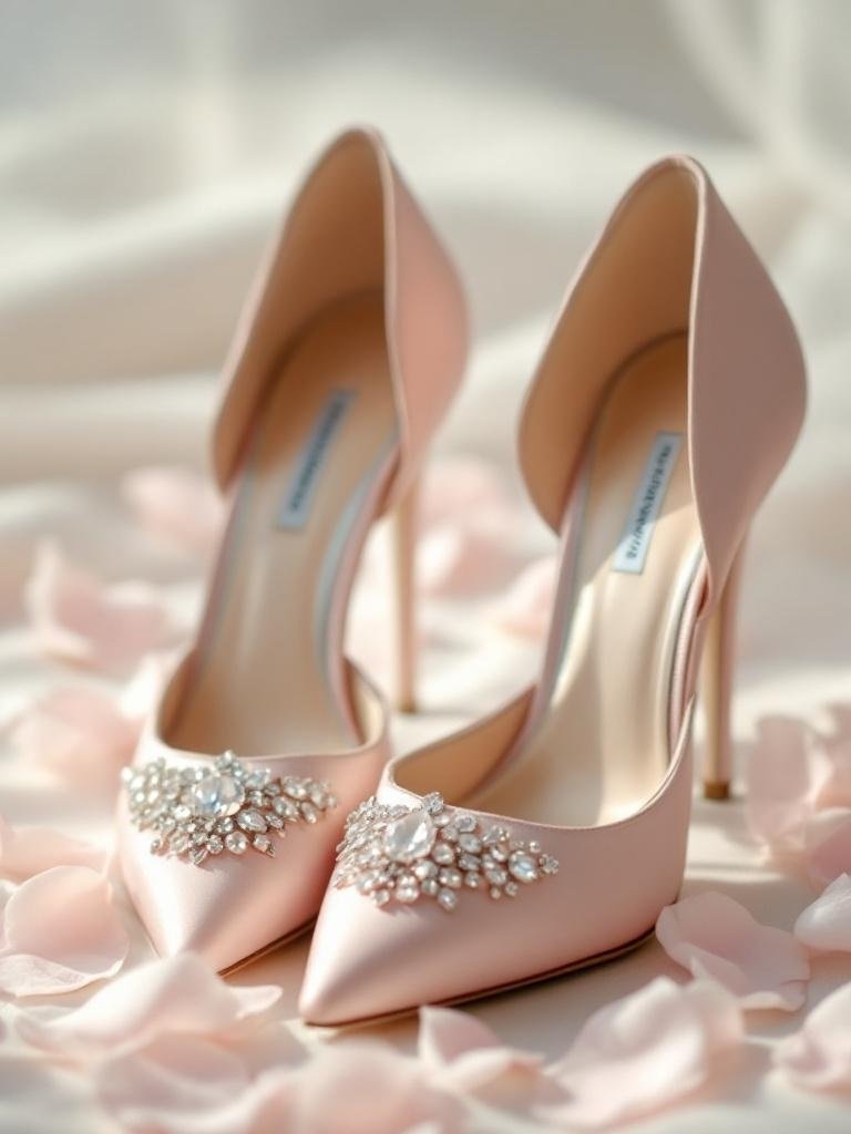 27 Light Pink Wedding Ideas for a Soft and Romantic Celebration Elegant light pink satin wedding shoes with crystal details