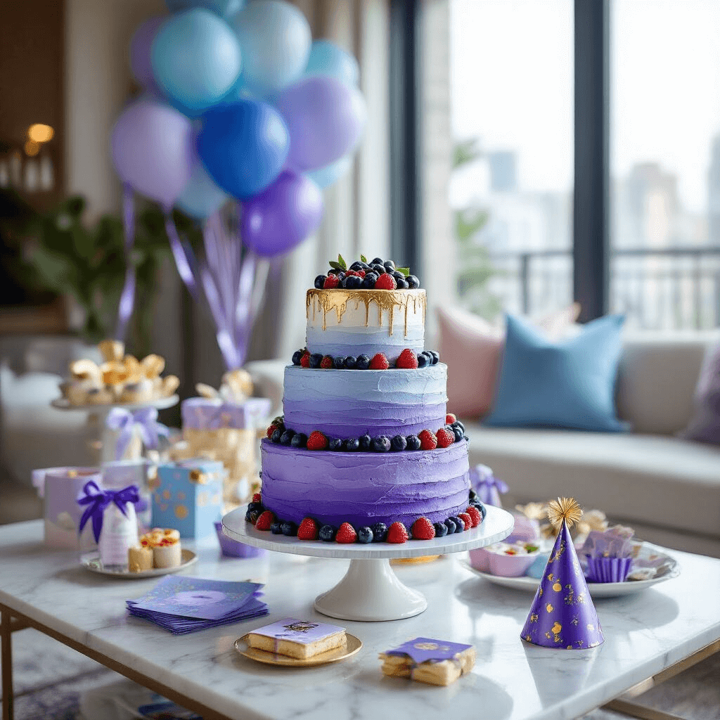 Transform Your Space: The Ultimate Guide to Blue and Purple Home Decor Magic A close-up of a multi-tiered birthday cake with purple buttercream ombre layers, adorned with edible gold accents and fresh berries, set against a whimsical children's birthday celebration in a modern apartment. The background includes clusters of blue balloons, purple streamers, and personalized party favors on a white marble coffee table, all illuminated by natural sunlight streaming through large windows. Silk ribbon details and playful party hats complement the sophisticated yet child-friendly decor in soft pastels and metallic accents.