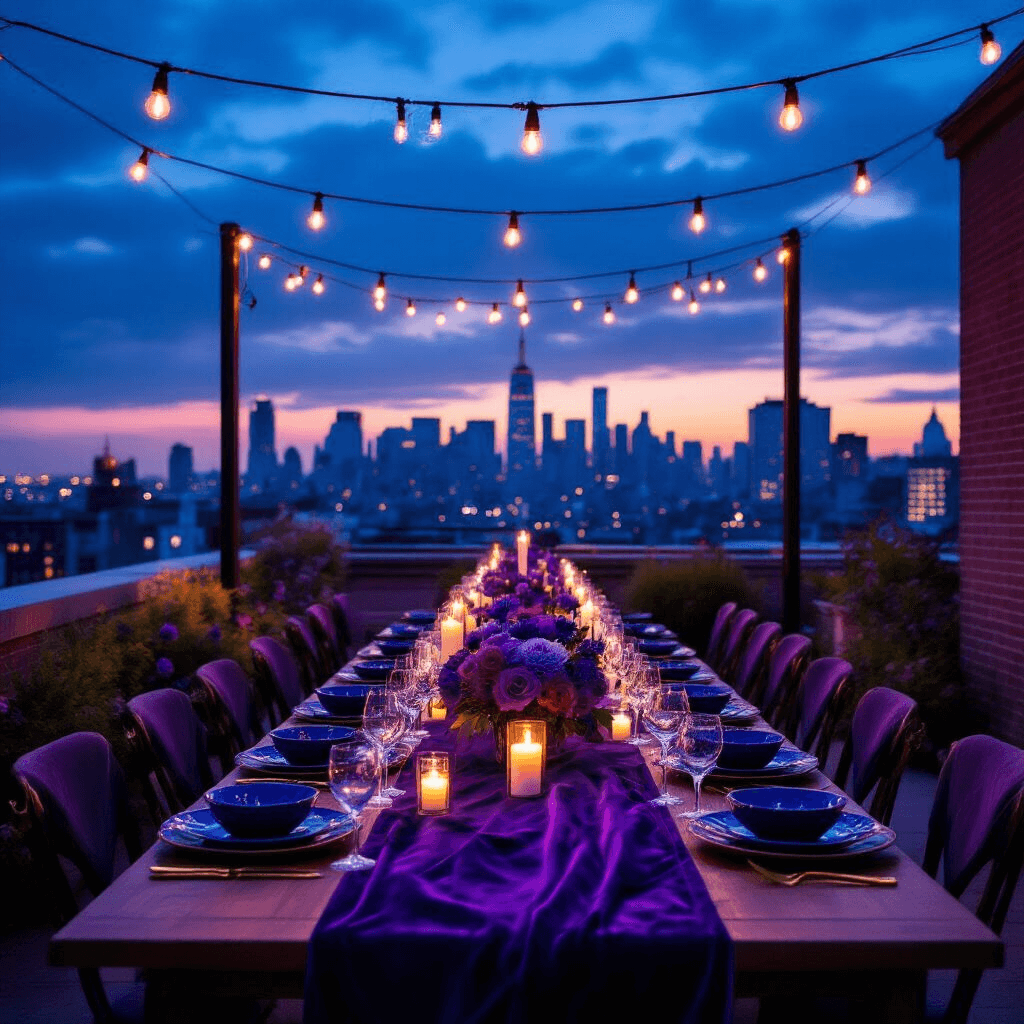 Transform Your Space: The Ultimate Guide to Blue and Purple Home Decor Magic An elegant rooftop dinner party featuring a long table set for eight with deep purple velvet runners, navy blue ceramic plates, gold flatware, and crystal glasses, illuminated by ambient lighting and surrounded by a stunning urban skyline.