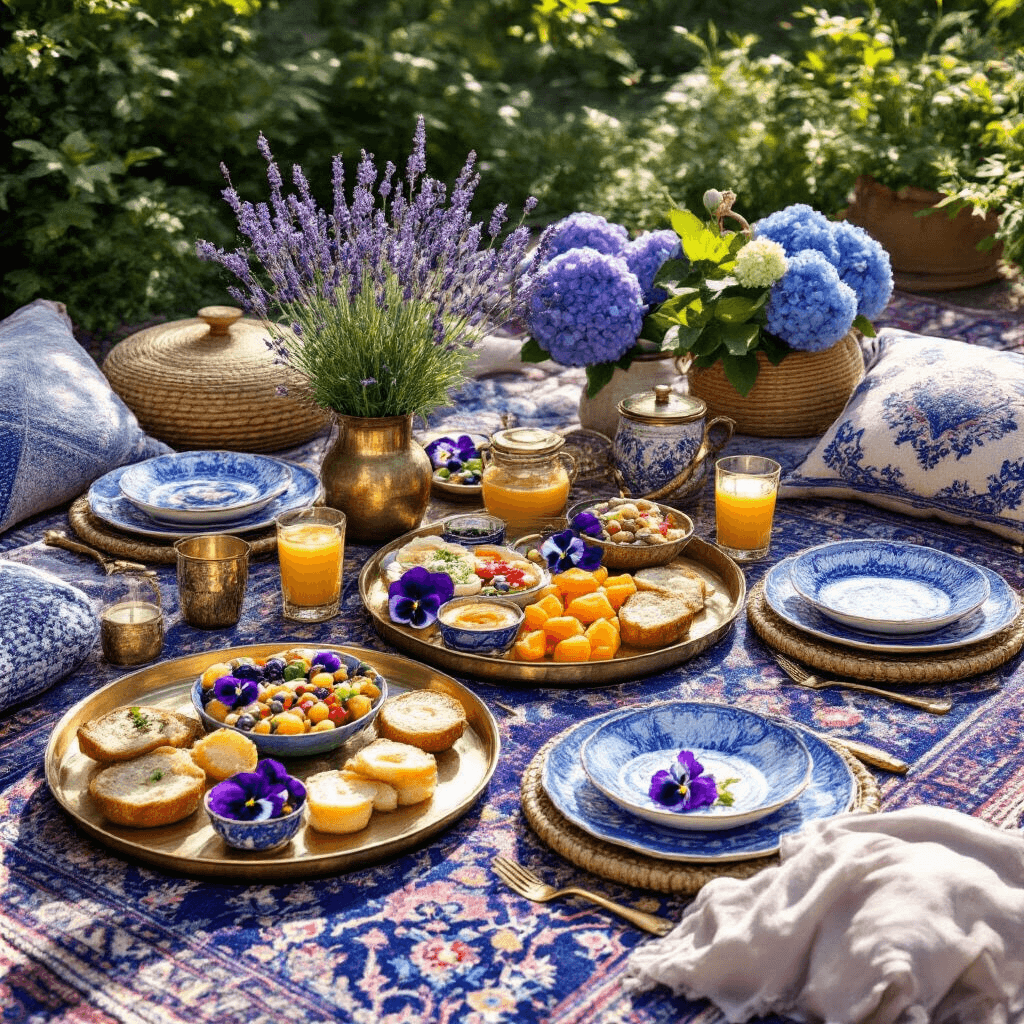 Transform Your Space: The Ultimate Guide to Blue and Purple Home Decor Magic A cozy brunch gathering in a stylish backyard featuring blue and purple bohemian decor, showcasing a flat lay of a colorful picnic spread on vintage Persian rugs, with brass trays, handmade ceramic plates, fresh lavender, and floral accents, all illuminated by soft morning light.